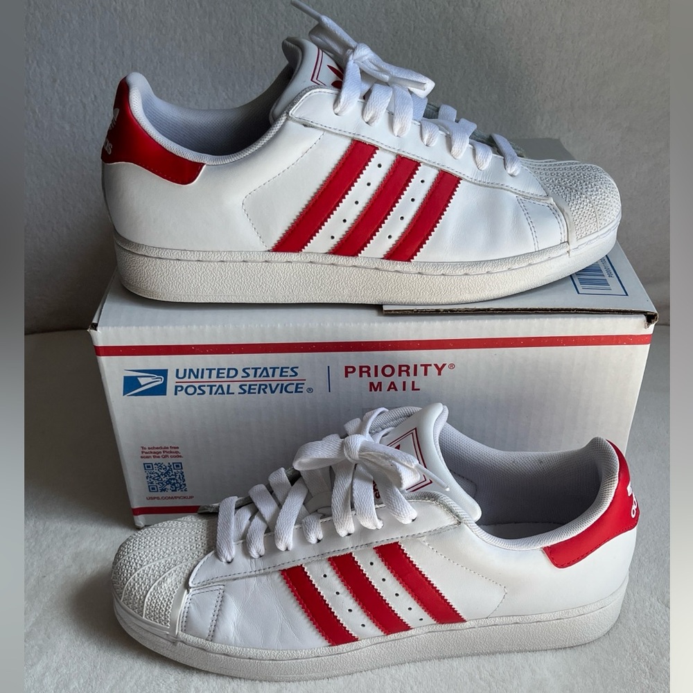 Adidas Superstar Shell Toe, White leather with Red stripes, Size 9.5